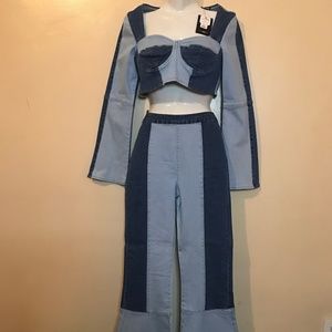 Women’s 2 pc Denim Jean Flare Leg Set Sz Lg